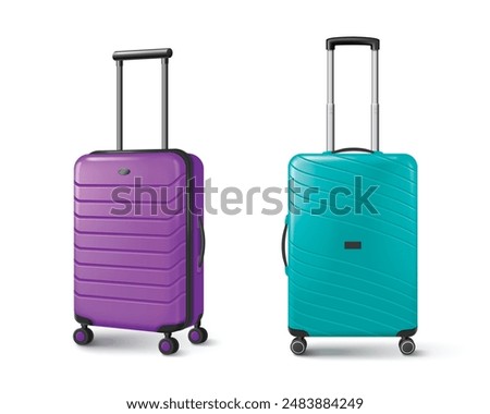 Modern wheel suitcases set isolated on white background. Vector realistic illustration of purple and turquoise plastic luggage, solid rolling bag with metal handle, tourist accessory, vacation travel