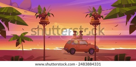 Summer sea beach sunset landscape with two women sitting with back on roof of car on sand shore. girls meet sunrise on Hawaiian seashore during vacation. Summertime scenery with tropical lagoon.