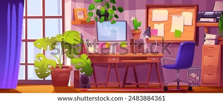 Home office interior with furniture and equipment. Vector cartoon illustration of room with large window, desktop computer, drawer with documents, printer on shelf, loudspeakers on floor, flower pots