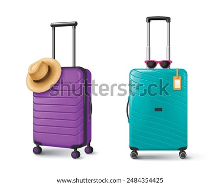 Modern wheel suitcases set isolated on white background. Vector realistic illustration of purple and turquoise plastic luggage, solid rolling bag with metal handle, sunglasses, hat, tourist accessory