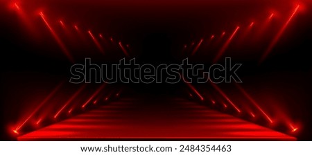 Fashion show runway with red lights on black background. Vector realistic illustration of long podium perspective illuminated with color floodlights, neon lamps glowing in smoke, catwalk design