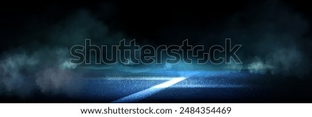 Night road surface with fog and light reflection. Vector realistic illustration of clouds of smoke and dust floating above wet asphalt highway, headlight illumination, scary street, speed race effect