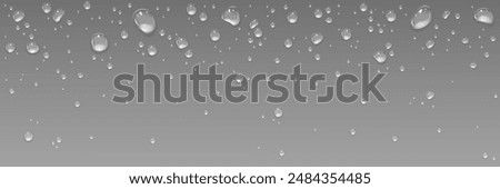 Water drops on black glass surface. Realistic 3d vector dark background with transparent rain droplets. Wet window with dew bubbles. Fresh moisture bg with spray condensation waterdrop pattern.