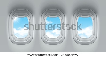 Plane windows with blue sky view. Vector realistic illustration of sun light and cloudscape seen through glass from aircraft cabin, passenger flight, vacation travel, tourism banner background design