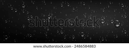 Rain water drops on glass smooth black surface. Realistic 3d vector illustration background with transparent clear aqua droplet bubbles. Wet top dark bg with pure splash waterdrop beads texture.