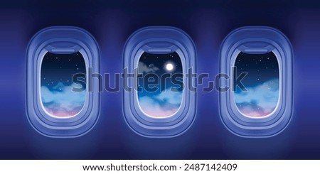 View of night sky through open airplane windows. Dark blue plane wall with moon, stars and clouds outside porthole. Realistic 3d vector illustration of jet interior with glass fuselage during flight.