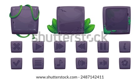 Stone game ui elements with jungle plant leaves and liana vines. Cartoon vector set of rock frames and buttons for gui design. Square empty boards for sign and plaque with settings and app icons.