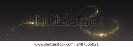 Magic gold dust trail with star shaped sparkles on dark transparent background. Realistic vector illustration of circle and wave path of shine glitter and shimmer particles. Can be used as png.