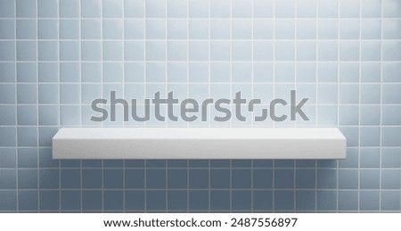 White shelf on pastel blue wall with square tile pattern. Bathroom or kitchen interior product podium. Realistic 3d vector illustration restroom or cuisine scene with empty goods display podium mockup