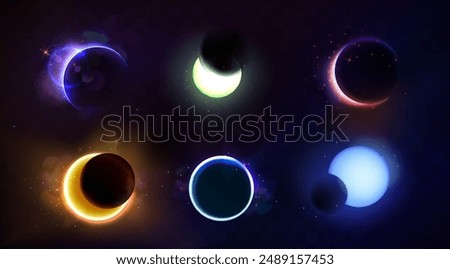 Total and partial solar eclipse with different neon glow colors on dark night sky background. Realistic vector illustration set of abstract cosmos sun corona with circle and crescent bright shine.