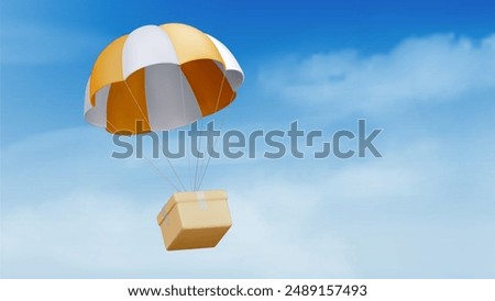 3d parcel delivery. Airdrop fly box shipping by balloon. Cardboard package mail with parachute. Cargo product speed order creative distribution in sky. Cloud service for online ecommerce assistance