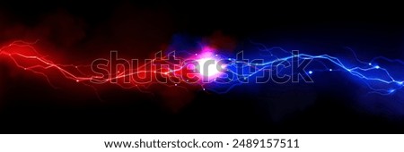 Thunder vs light effect background. Bolt energy collision in blue and red. Lightning shock and magic storm versus concept. Particle explosion for battle design. Abstract confrontation discharge