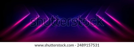 Neon light tunnel perspective. Vector realistic illustration of dark hall with triangular shape geometric lamps, purple and pink color illumination glowing in dark corridor, futuristic virtual portal