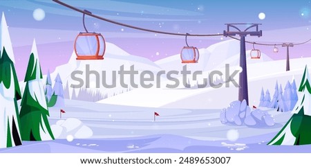 Winter ski mountain resort with white snow hills, green spruce trees and red cabins on lift cable. Cartoon vector illustration of snowy scenery with cableway. Modern gondola on cablecar funicular.