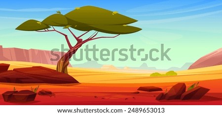 African savannah landscape with green tree. Vector cartoon illustration of summer scenery with sandy plain, stones on ground, rocky canyon on horizon, cloudless blue sky, exotic wildlife background