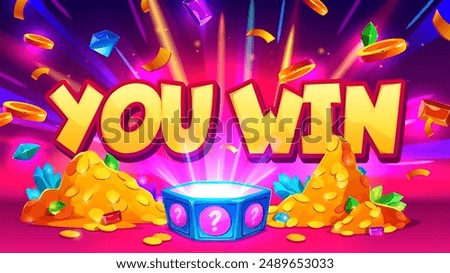 You win surprise vector. Open lucky gift prize. Lottery bonus in casino with mystery reward. Gold coin near blue question giftbox banner illustration. Quiz winner celebration with diamond and confetti