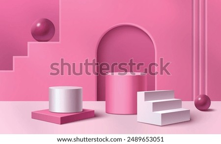 Pink pastel studio room interior with stair, cylinder product podium, decorative ball and arch. Realistic 3d vector illustration of empty goods display and presentation stage mockup.