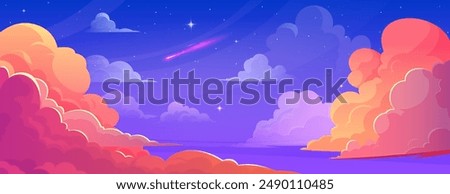 Anime style sky with clouds at night. Vector cartoon illustration of evening skyline with beautiful orange and purple cloudscape and bright stars, heavenly background, fantasy dream flight backdrop