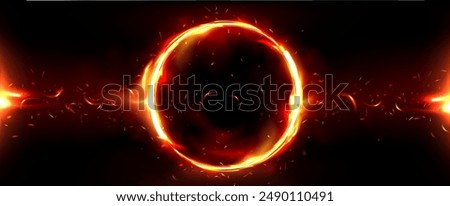 Fire circle frame. Flame light ring background. Ignite round fiery with glow and burn border effect. Red magic flare and hot spark wheel energy template. Neon speed inferno tunnel illustration