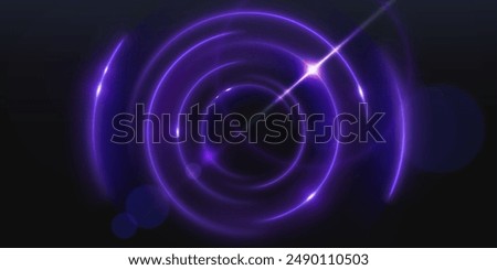 Abstract purple light flare sphere glow effect. Magic neon shine with circular glitter frame design. 3d orb portal with energy motion on curve. Electric shiny and glossy violet speed halo bg