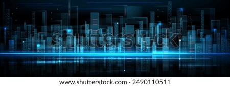 Abstract future city building tech background. Blue digital smart futuristic cityscape concept. Innovation and data hologram for virtual reality. Cyber metaverse network bg. Urban business energy