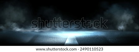 Wet road and smoke abstract background empty scene with asphalt texture and spotlight. Horror highway surface with smog and neon light. Danger scary banner bg. Mysterious escape stage at night