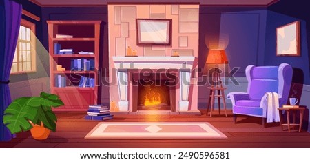 Cozy living room interior with flame in fireplace, armchair and lamp, carpet on floor and window with curtain, tea table and books in cabinet, flower in pot and candles. Cartoon vector home inside.