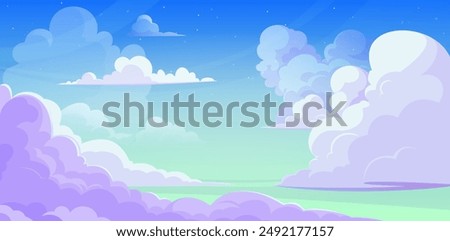 Anime style sky with clouds. Vector cartoon illustration of sunny morning skyline with beautiful cloudscape, heavenly background, fresh air, natural beauty, fantasy dream backdrop with color gradient