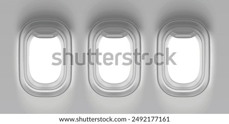 Plane window on flight. 3d aircraft inside view. Airline travel illustration for vacation mockup. White realistic layout of plain illuminator element set. Business journey or voyage transport.