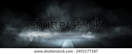 Wet road and smoke abstract background empty scene with asphalt texture and spotlight. Horror highway surface with smog and neon light. Danger scary banner bg. Mysterious escape stage at night