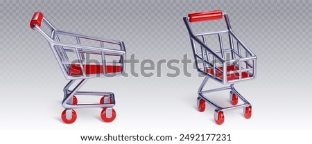 Empty shopping carts set isolated on transparent background, Vector realistic illustration of trolley mockup with metal basket and red wheels, supermarket, mall, shop equipment for buying goods