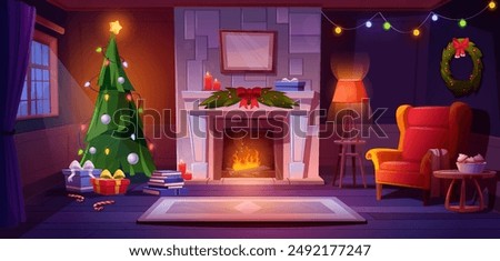 Cozy living room interior with Christmas tree, holy on fireplace with flame and garland decoration. Xmas home with armchair and lamp, carpet on floor and window with curtain, tea table and bookcase.