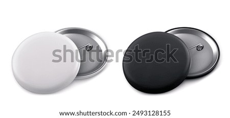 Pin button mockup set isolated on background. Vector realistic illustration of round metal white and black badges with blank surface for corporate promo branding design, souvenir back and front view