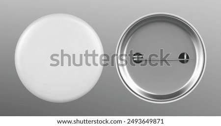 White blank round pin button vector mockup template. 3d realistic promotional metal badge design. Office tag for name mock up. Brooch sign emblem souvenir. Clean merchandise label item graphic