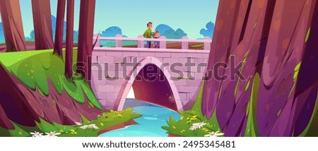 Child girl and teen kid boy walking on stone bridge over river in forest with green trees and grass, flowers and blue sky. Cartoon vector illustration scene of sister and brother in public city park.