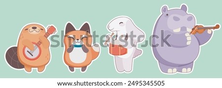 Cute childish animal music band. Cartoon vector set of wild creatures musicians - beaver with guitar, fox with harmonica, rabbit with drum and hippo with violin. Performance zoo artists group.