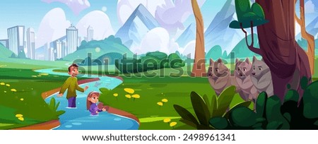 Scared children hiding in river from wolf. Vector cartoon illustration teen boy and little girl standing in water, wild animals in forest, modern cityscape and mountains background, summer adventure