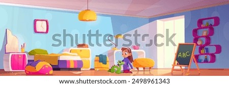 Little girl playing with toys in bedroom. Vector cartoon illustration of happy child character sitting on floor with cute dino, room furnished with bed, desk, mirror, drawer, books on shelf, sunlight