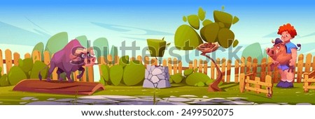 Kid boy holding little boar in hands and big friendly buffalo looking at them while standing on wooden log on backyard with green tree and grass, wooden fence on summer sunny day. Cartoon vector.