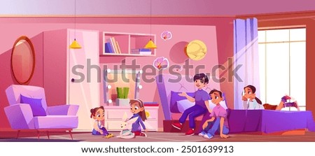 Children play and teenagers have conversation in kids bedroom interior with pink girly color. Cartoon vector illustration of boys and girls in home rest room with bed and armchair, cupboard and mirror