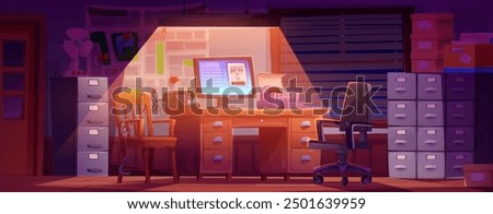 Detective office interior at night. Vector cartoon illustration of dark room with criminal photo on computer display, retro phone on desk, handcuffs on chair, drawers with case folders, lamp light