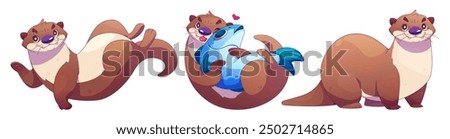 Cute otter cartoon character mascot in different poses. Vector illustration set of funny smiling water animal with brown fur floating and waving paw, hugging big fish with love, adorable standing.