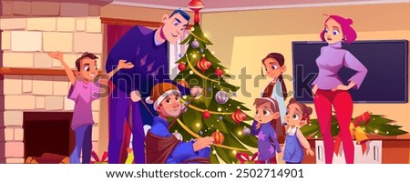 Man catch and tie up robber in home living room on Christmas. Cartoon vector illustration of confused and scared family with mother, father and children in house with Xmas tree and gift boxes.