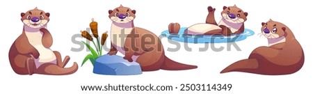 Funny otter cartoon character set. Vector cute water animal mascot in different poses - smiling sitting, standing on stone with reeds, swimming in river and waving paw, lying back and peeking.