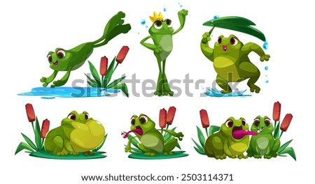 Cute frog cartoon character mascot in different poses - green pond animal toad jump into water, stand with crown, cover head with leaf during rain, sit on grass and reed, catch insect with tongue.