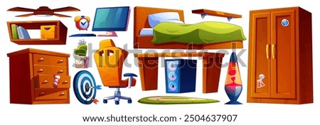 Teen boy bedroom furniture set isolated on white background. Vector cartoon illustration of desk and armchair, desktop computer, wardrobe and drawer, books on shelf, cactus, ceiling fan, night light