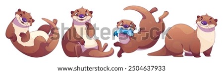 Cute sea otter characters set isolated on white background. Vector cartoon illustration of funny brown marine animals smiling, swimming, catching fish with mouth, winking eye, zoo wildlife mascot