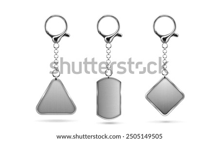 Silver keychain with ring mockup for branding. Realistic vector illustration set of blank grey metal key holder template. Chrome trinket souvenir badge of triangle, rectangle and rhombus shape.