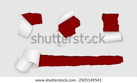 Torn paper holes with roll. Realistic vector illustration set of rip page frames. Reveal break cardboard sheet with grunge ragged edges with parchment scroll. Text and advertising message box.