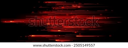 Red speed light horizontal straight line on black background. Realistic vector illustration of abstract neon or laser glow motion effect. Long dynamic flare beam and ray with sparkle in movement.